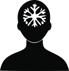 Stylized silhouette of a person s head with a white snowflake graphic symbolizing cold thoughts or a frozen mind concept