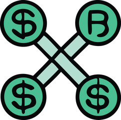 Interconnected financial symbols including dollar signs and the letter b representing cryptocurrency or exchange networks