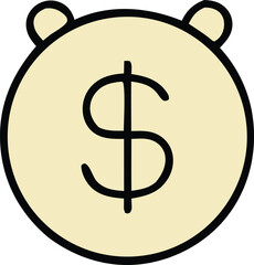 Stylized cartoon piggy bank with a prominent black dollar sign on its pale yellow body and small ears