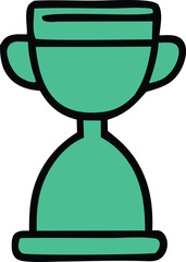 A simple stylized hand drawn illustration of a green trophy cup with black outlines on a white background representing victory and achievement