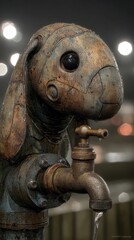 Fototapeta premium Whimsical Metal Dog Sculpture with Water Spouting from Faucet