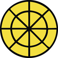 A stylized yellow basketball with black lines featuring a circular outline and segmented panels divided by intersecting lines creating a geometric pattern