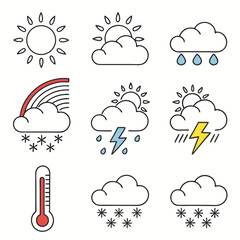 Collection of weather icons including sun clouds rain snow rainbow and thermometer