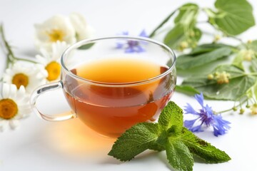 Aromatic herbal tea in glass cup, different flowers and mint on white background, closeup