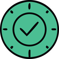 Simple hand drawn teal clock face with a black checkmark indicating completion or success