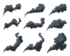 A collection of nine stylized dark gray smoke plumes rising on a clean white backdrop, creating a graphic illustrating pollution, fire, or industrial discharge.