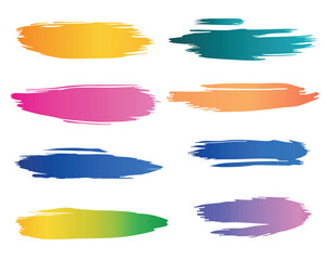 Obraz premium A set of eight brushstroke designs in various colors, showing smooth gradients, set against a clean, white backdrop. The strokes offer a dynamic and abstract aesthetic.