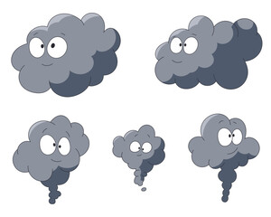 A collection of cartoon-style grey clouds with whimsical expressions featuring big eyes and small smiles, some with exhaust tails, against a white background. 