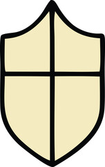 A simple hand drawn shield emblem with a black outline and a pale yellow fill divided by a black cross shape