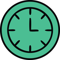 A simple stylized cartoon clock face with a teal background and black outline showing the time as approximately one oclock