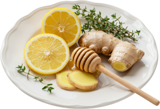Honey, lemon and ginger on a plate - transparent background
