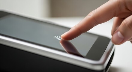 Finger Tapping Black Payment Terminal Screen with Nfc Symbol in Soft Light