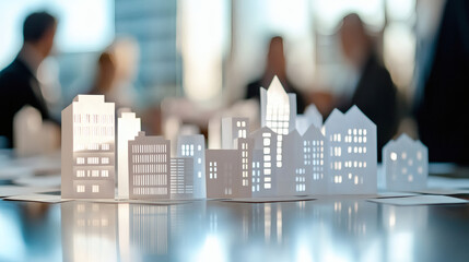 Business professionals engage in real estate strategy discussions with architectural models displayed in the foreground
