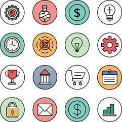 A collection of circular business and finance icons representing concepts like achievement money ideas and security