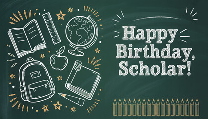 Whimsical happy birthday chalkboard with school supplies featuring books, a globe, and pencils for a student's special day or educational celebration.