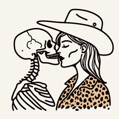 Fototapeta premium Cowgirl Female skeleton with leopard print Intimate Forehead Kiss. Cowboy Western American Cartoon Animal Clipart Line Art Vector Illustration. .