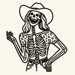 Fototapeta premium Cowgirl Female skeleton with leopard print Laughing Together. Cowboy Western American Cartoon Animal Clipart Line Art Vector Illustration. .