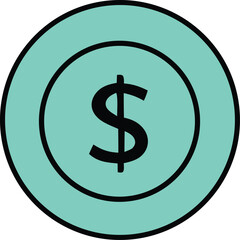 A simple black dollar sign is centered on a turquoise circular background with a black outline symbolizing money and finance