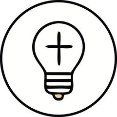 A simple black and white illustration of a light bulb with a christian cross inside symbolizing divine inspiration or spiritual enlightenment