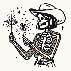 Cowgirl Female skeleton with leopard print Playing sparklers. Cowboy Western American Cartoon Animal Clipart Line Art Vector Illustration. woman bone figure in cat pattern having fun light.
