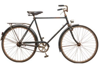 Vintage rusty brown bicycle with leather seat and headlamp isolated on transparent background