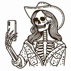 Cowgirl Female skeleton with leopard print Taking a selfie. Cowboy Western American Cartoon Animal Clipart Line Art Vector Illustration. .