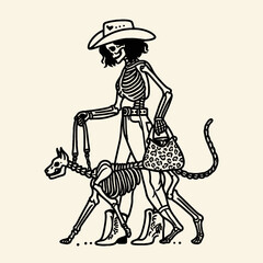 Cowgirl Female skeleton with leopard print Taking care of a pet. Cowboy Western American Cartoon Animal Clipart Line Art Vector Illustration. .