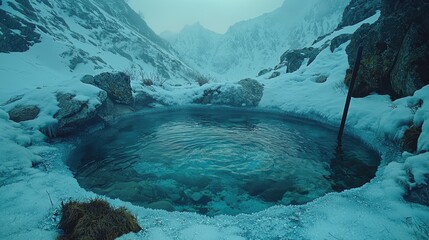 Frozen mountain spring surrounded by snow and ice.