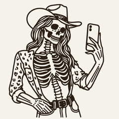 Cowgirl Female skeleton with leopard print Taking a selfie. Cowboy Western American Cartoon Animal Clipart Line Art Vector Illustration. .