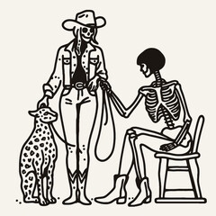 Cowgirl Female skeleton with leopard print Taking care of a pet. Cowboy Western American Cartoon Animal Clipart Line Art Vector Illustration. .