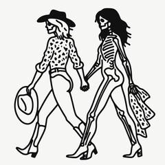 Cowgirl Female skeleton with leopard print Walking together. Cowboy Western American Cartoon Animal Clipart Line Art Vector Illustration. .