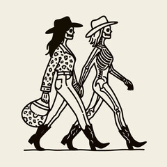Cowgirl Female skeleton with leopard print Walking together. Cowboy Western American Cartoon Animal Clipart Line Art Vector Illustration. .