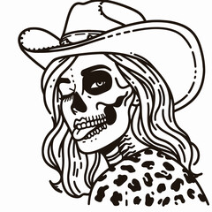 Cowgirl Female skeleton with leopard print Winking Face Tongue. Cowboy Western American Cartoon Animal Clipart Line Art Vector Illustration. .
