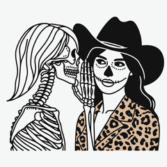 Cowgirl Female skeleton with leopard print Whispering Secrets. Cowboy Western American Cartoon Animal Clipart Line Art Vector Illustration. .