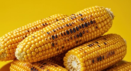 Several ears of corn on a yellow background food still life.