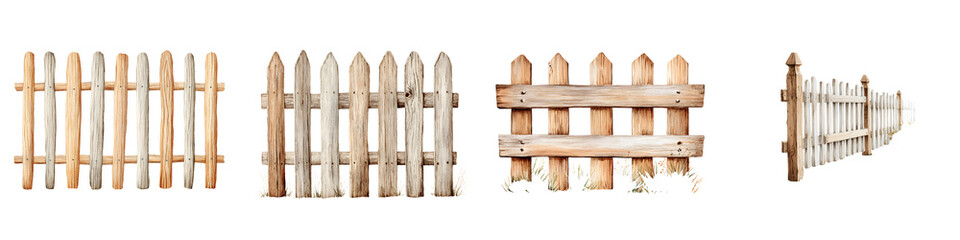 Assorted Watercolor Fences Set on White Background