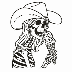 Cowgirl Female skeleton with leopard print eat ice cream. Cowboy Western American Cartoon Animal Clipart Line Art Vector Illustration. .
