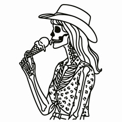 Cowgirl Female skeleton with leopard print eat ice cream. Cowboy Western American Cartoon Animal Clipart Line Art Vector Illustration. .