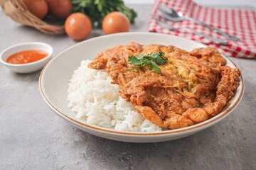 Homemade Thai style Rice with omelet ,chilli sauce ,street food of thailand ,Thai call khao kai jeaw