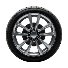 Obraz premium Modern Silver Car Wheel with All-Season Tire, Showcasing Automotive Design and Performance Components