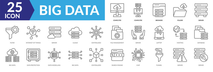 Continuous improvement icon collection set. Containing Filter, Internet Of Things, Server, Cloud, Centralized ,File Management, Server, Laptop, Hosting, Database icon. Simple line vector illustration.