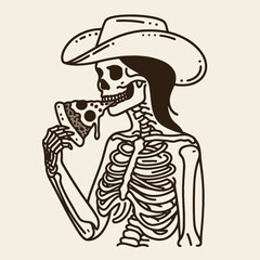 Cowgirl Female skeleton with leopard print eat pizza. Cowboy Western American Cartoon Animal Clipart Line Art Vector Illustration. .