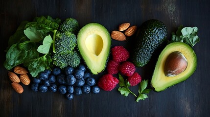 Selection of superfoods such as avocados, berries, almonds, and leafy greens, neatly displayed on a dark wooden surface with space for branding or messaging.