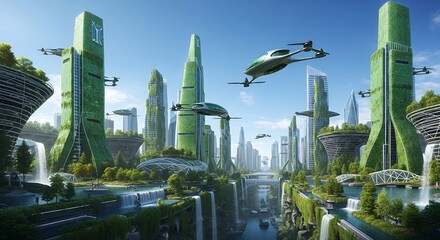 Futuristic Green City with Flying Vehicles, Modern Architecture and Waterfalls Under Blue Sky