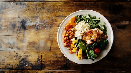 Warm grilled chicken salad with vetgetable. Close up. Top view. wooden background.