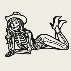 Cowgirl Female skeleton with leopard print lying down on stomach hands under chin. Cowboy Western American Cartoon Animal Clipart Line Art Vector Illustration. girl bone structure feline.