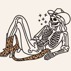 Cowgirl Female skeleton with leopard print lying down on back Laughing Together. Cowboy Western American Cartoon Animal Clipart Line Art Vector Illustration. woman bones wildcat design.
