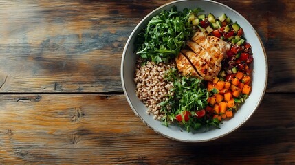Warm grilled chicken salad with vetgetable. Close up. Top view. wooden background.