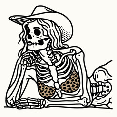 Cowgirl Female skeleton with leopard print lying down on stomach hands under chin. Cowboy Western American Cartoon Animal Clipart Line Art Vector Illustration. Ranch lady bone feline pattern.