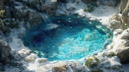 Crystal-clear pool nestled amidst snowy rocks.